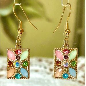 Gold tone Square Colorful Gemstone dangle earrings